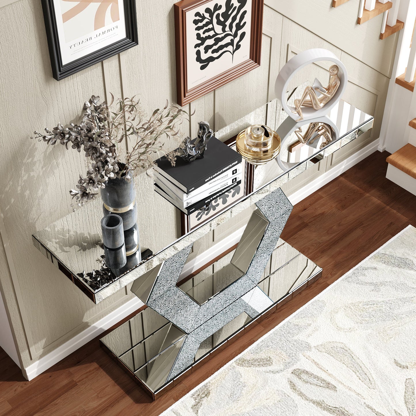 Sparkling Crystal Hexagon Mirror Entryway Console Table