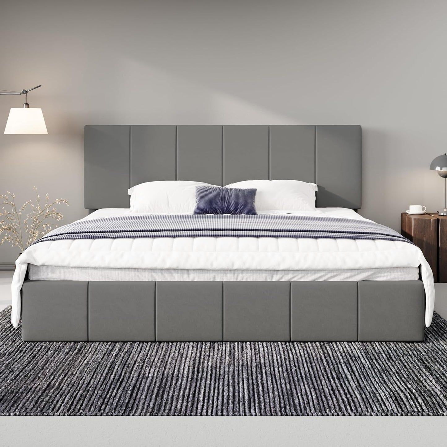 King Size Grey Velvet Upholstered Platform Bed Frame