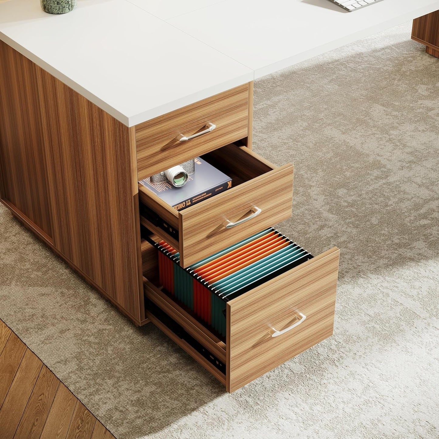 85 Point 8 Inch L-Shaped Executive Desk White Walnut Storage Cabinet