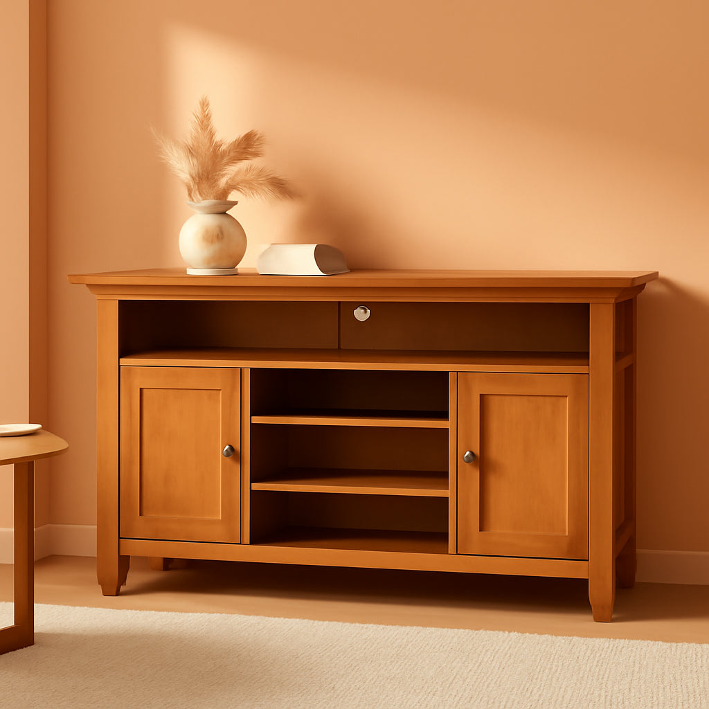 TV Media Stand 54 Inch Wide Golden Brown Cabinet Storage