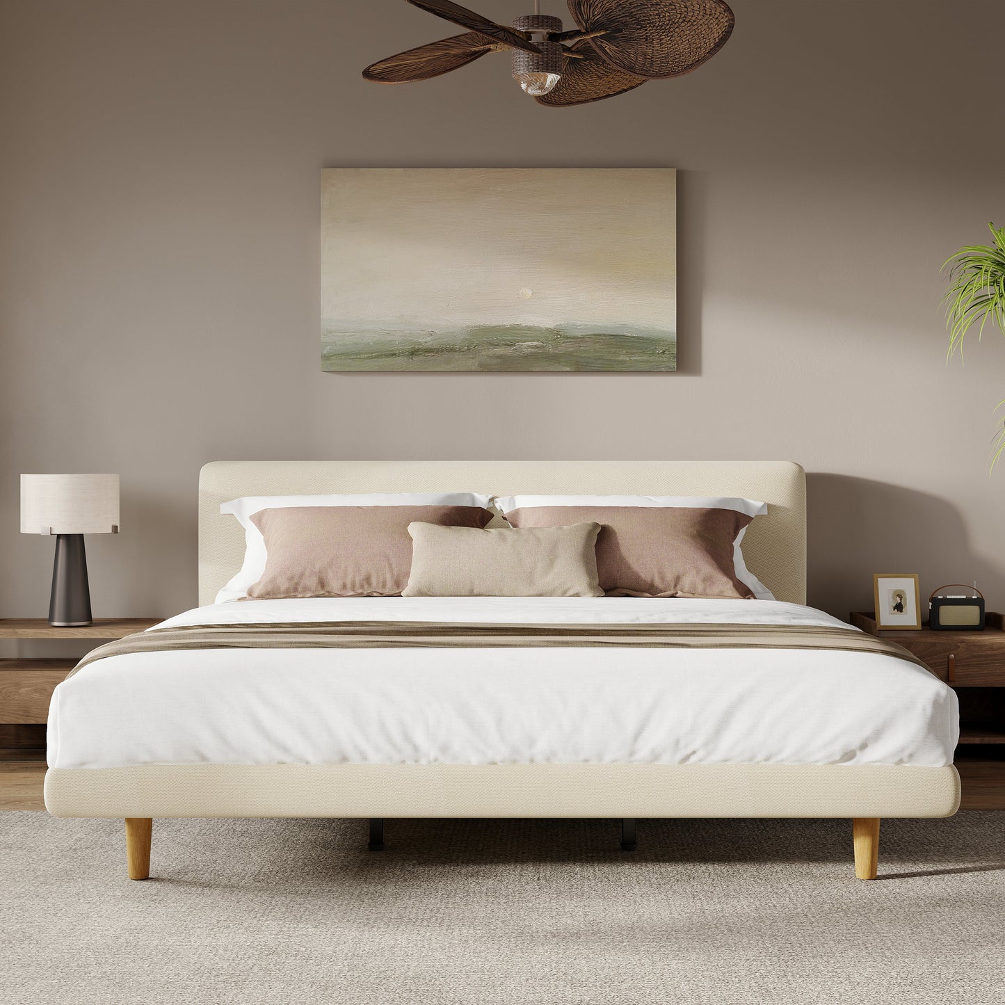 Beige Chunky Headboard Bed Frame, Solid Rubberwood Legs, Cal-King