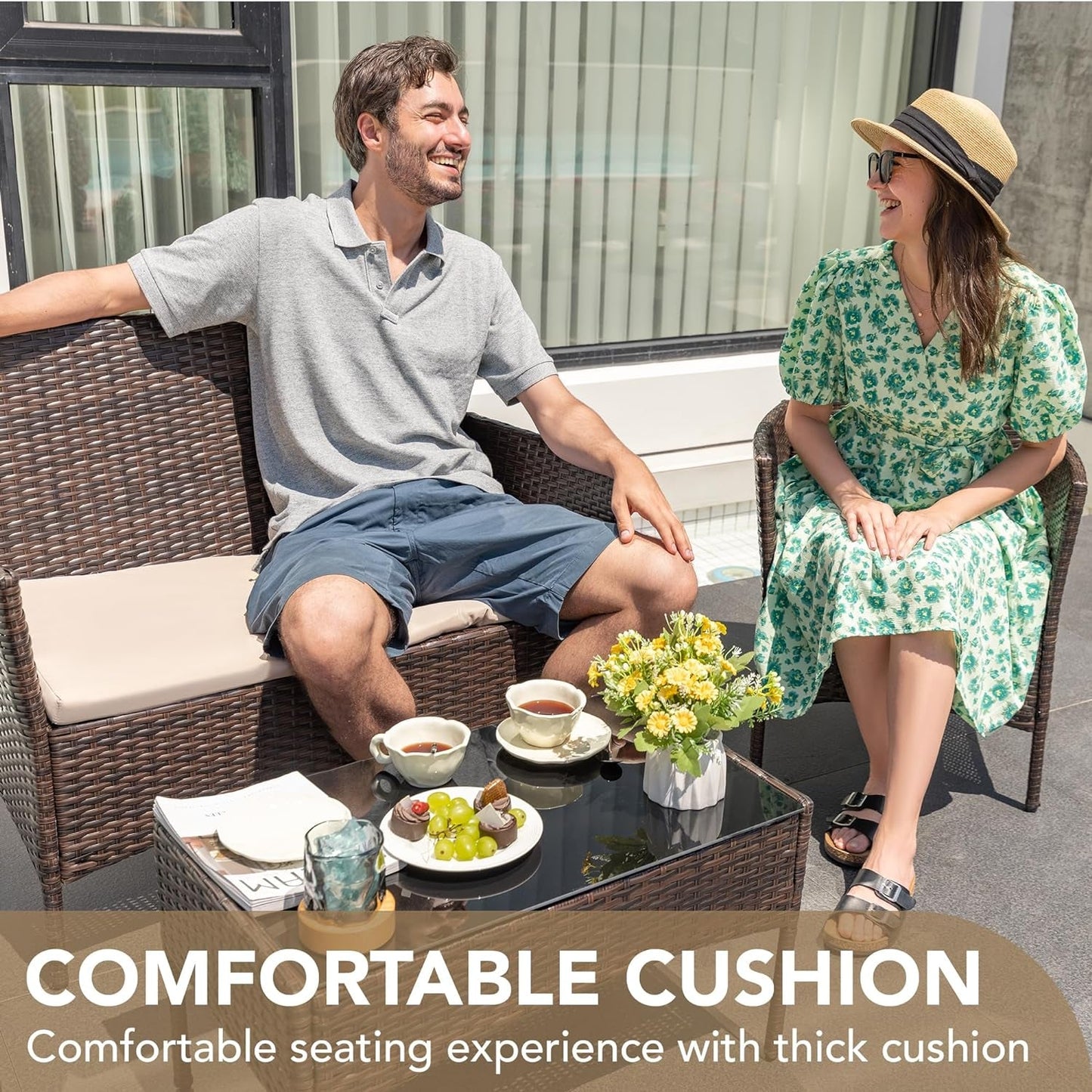 4 Piece PE Rattan Patio Furniture Set With Beige Cushions
