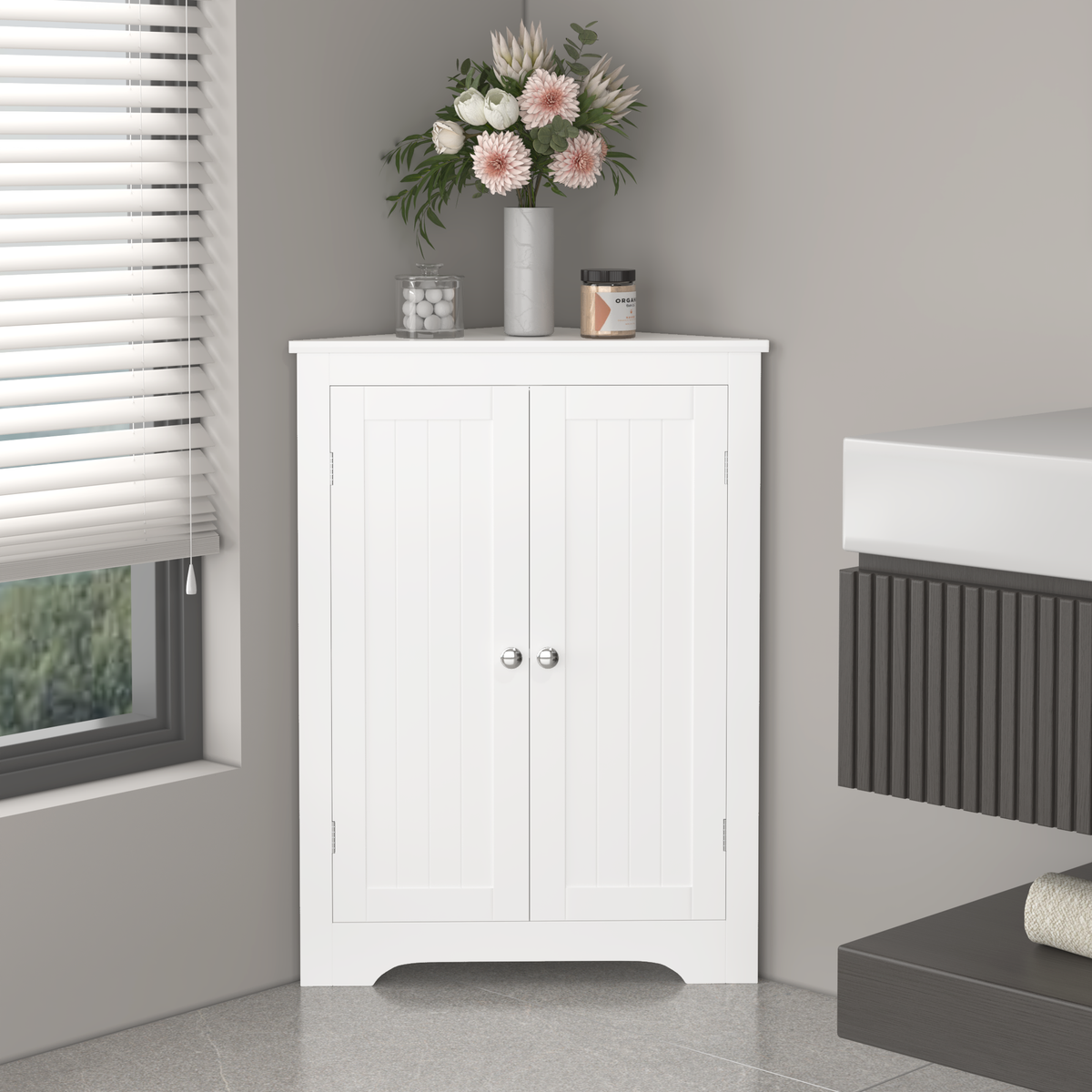 Freestanding Floor Corner Cabinet with 2 Doors and Adjustable Shelves