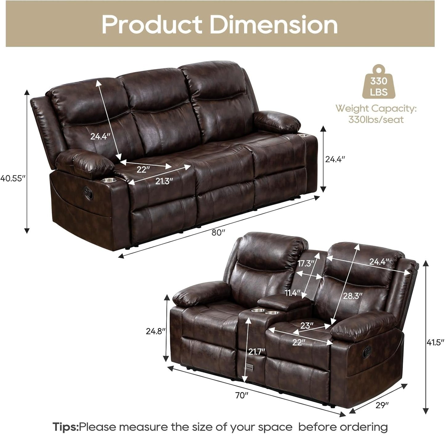 Brown Recliner Sofa Set With Massage And Heat 2 Piece