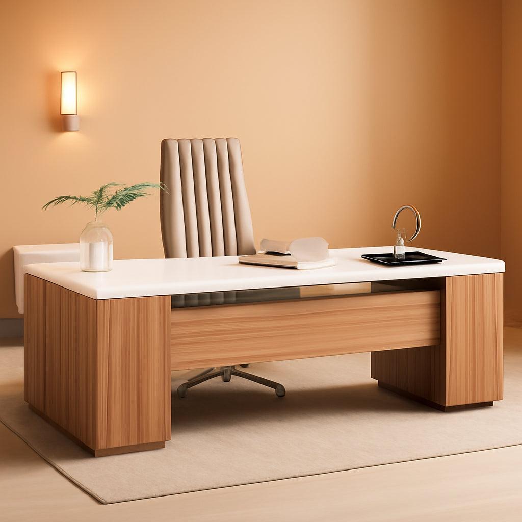 85 Point 8 Inch L-Shaped Executive Desk White Walnut Storage Cabinet