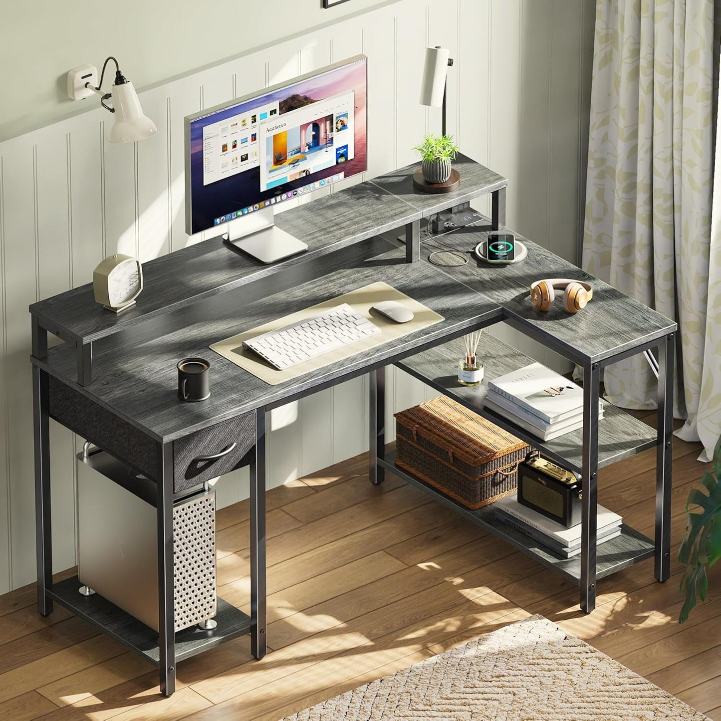 47 Inch L Shaped Desk With Led Lights And Power Outlets Grey