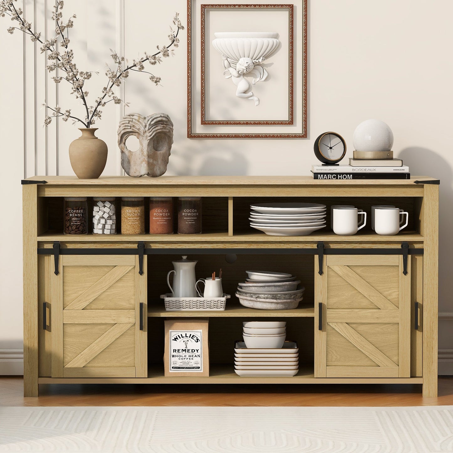 U_STYLE 59.3'' Sideboard with Sliding Barn Door and Mesh Panels