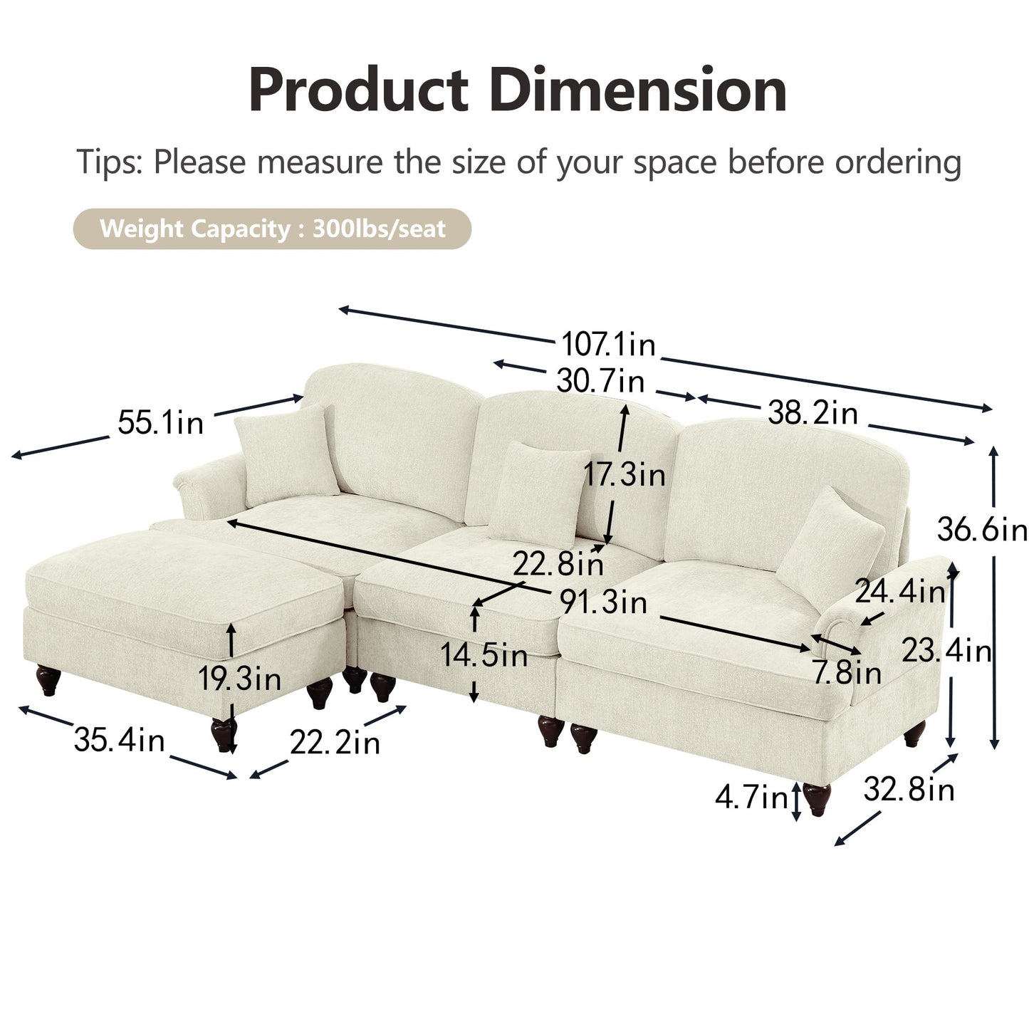 Mid Century Three Seater Modular L Shaped Sectional Couch with Flared Arms and Removable Ruffles Pleats Skirts and Spindle Legs, Comfy Chenille 3-Seat Deep Seat Sofa with Movable Ottoman, Beige White