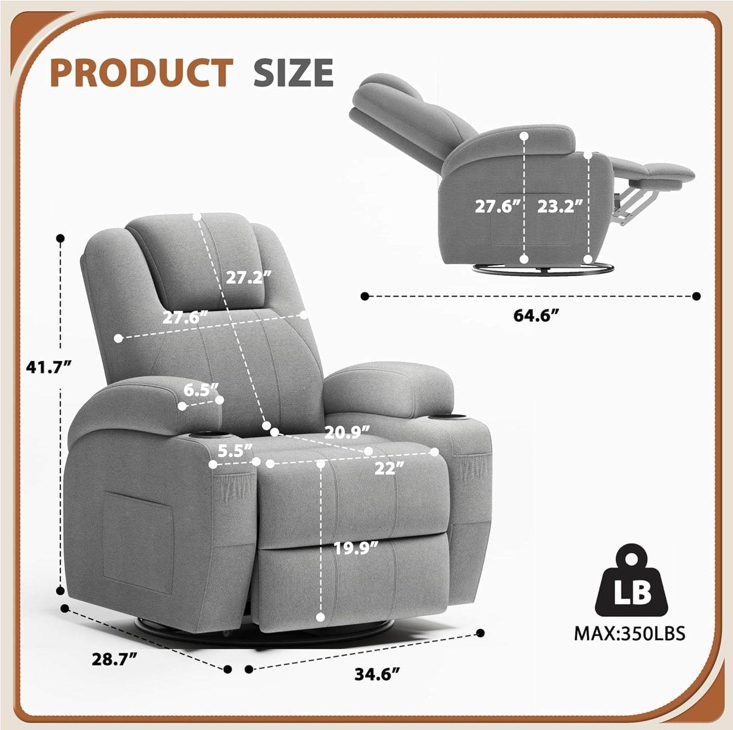 Gray Fabric Swivel Rocker Recliner With Vibration Massage