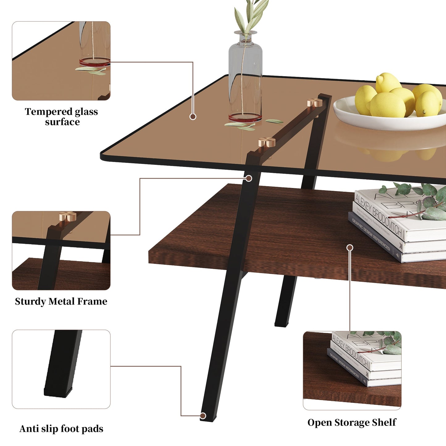 Rectangle Coffee Table, Tempered Glass Tabletop with Black Metal Legs, Modern Table for Living Room , Brown Glass