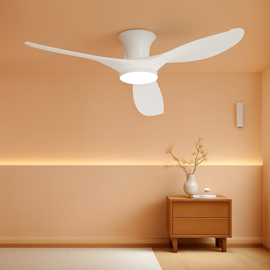 52 Inch Ceiling Fan With Remote And Quiet DC Motor in a modern bedroom setting with beige walls and minimalist decor.
