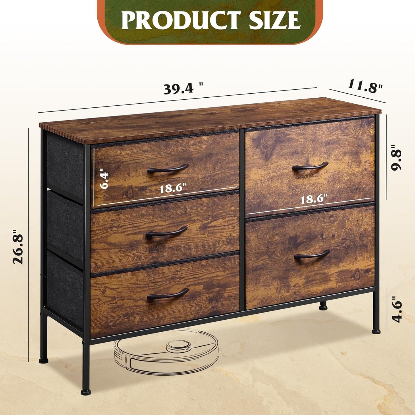 Rustic Brown Wood Grain 5 Drawer Dresser For Bedroom