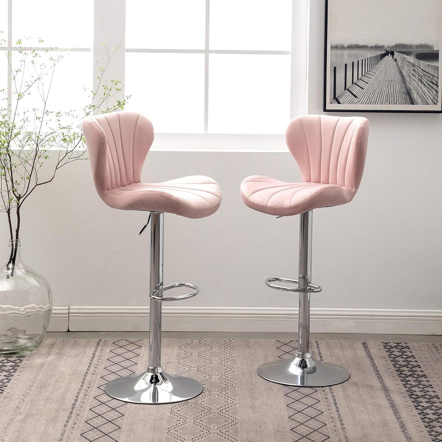 Pink Velvet Adjustable Swivel Barstools Set Of Two