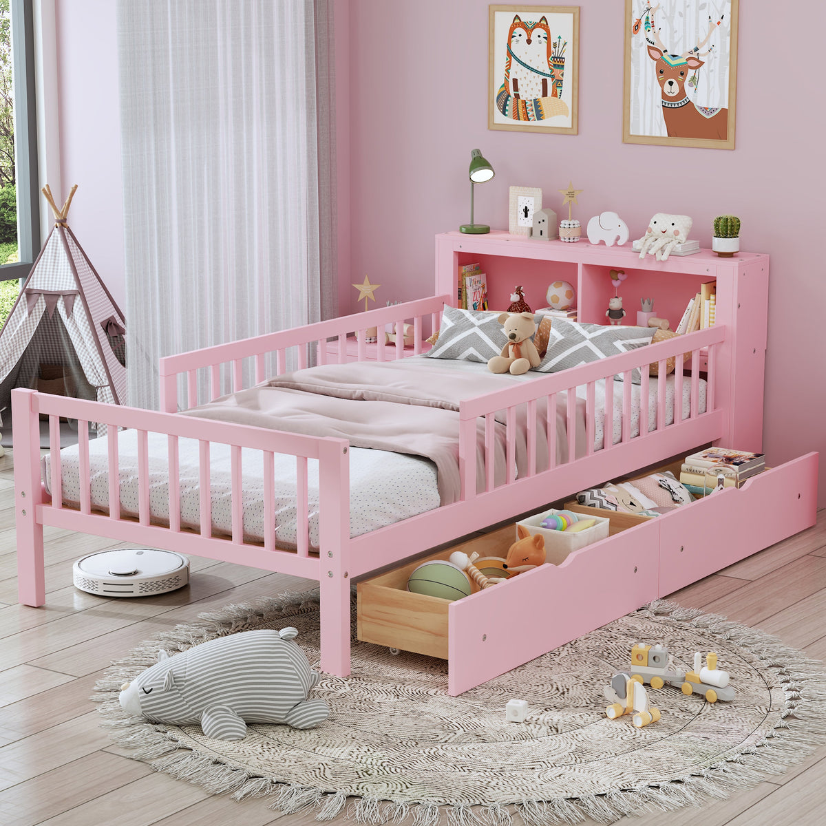 Twin Size Bed with Headboard Storage Rack and Under-Bed Drawers