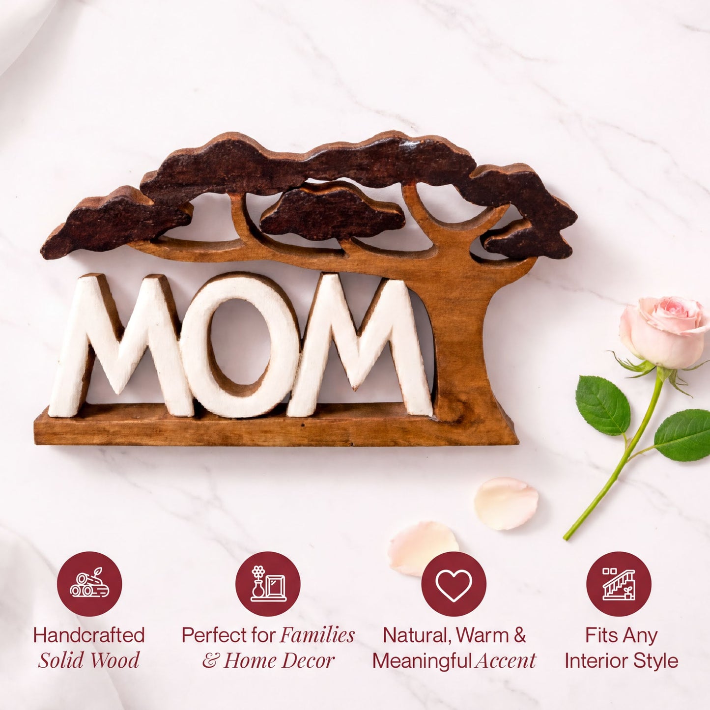 Wooden Mom Sculpture – Handmade Wooden Sign | Rustic Acacia Wood Plaque Gift