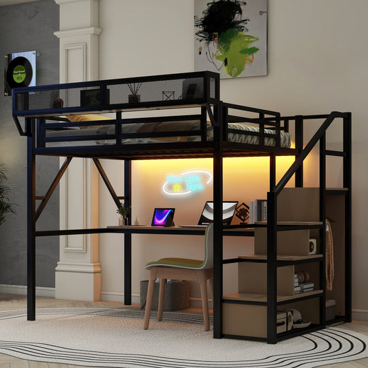 Full Loft Bed with Desk and Charging Station, Full Size Metal Loft Bed with Stairs and Light for Kids Teens, Black, Patent Products