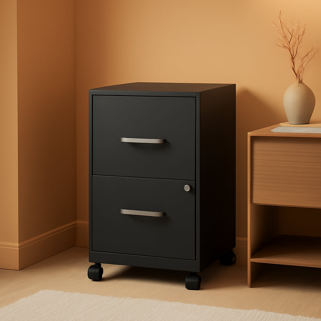 Two-Drawer Mobile File Cabinet Black With Locking Drawers 14.2 X 18 X 26.5 Inches Steel