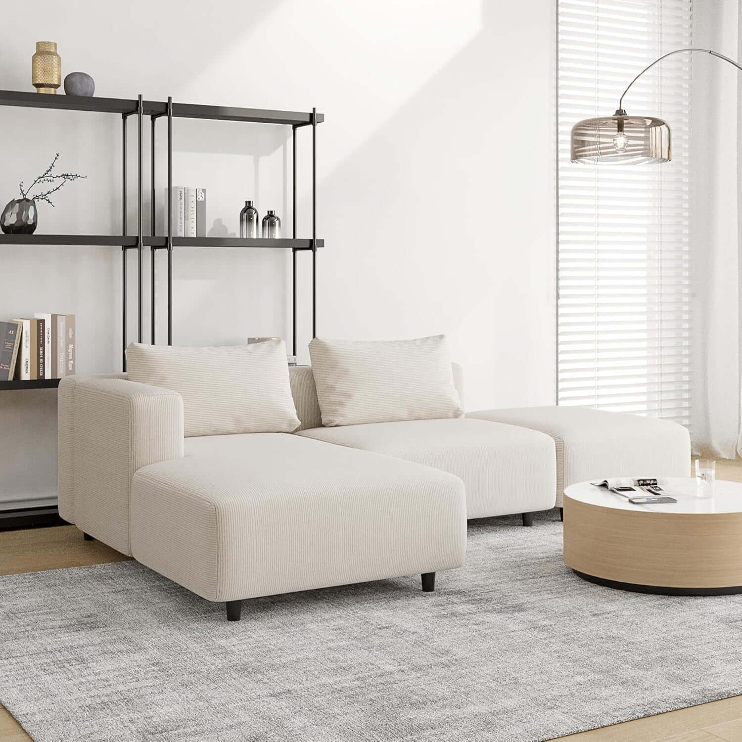 Soft Corduroy Sectional Sofa Set L Shaped Cream Modular in a modern living room setting with minimalist decor.