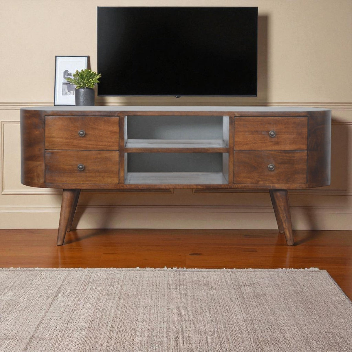 Chestnut Rounded Entertainment Unit, Nordic Legs, 4 Drawers, 2 Open Slot