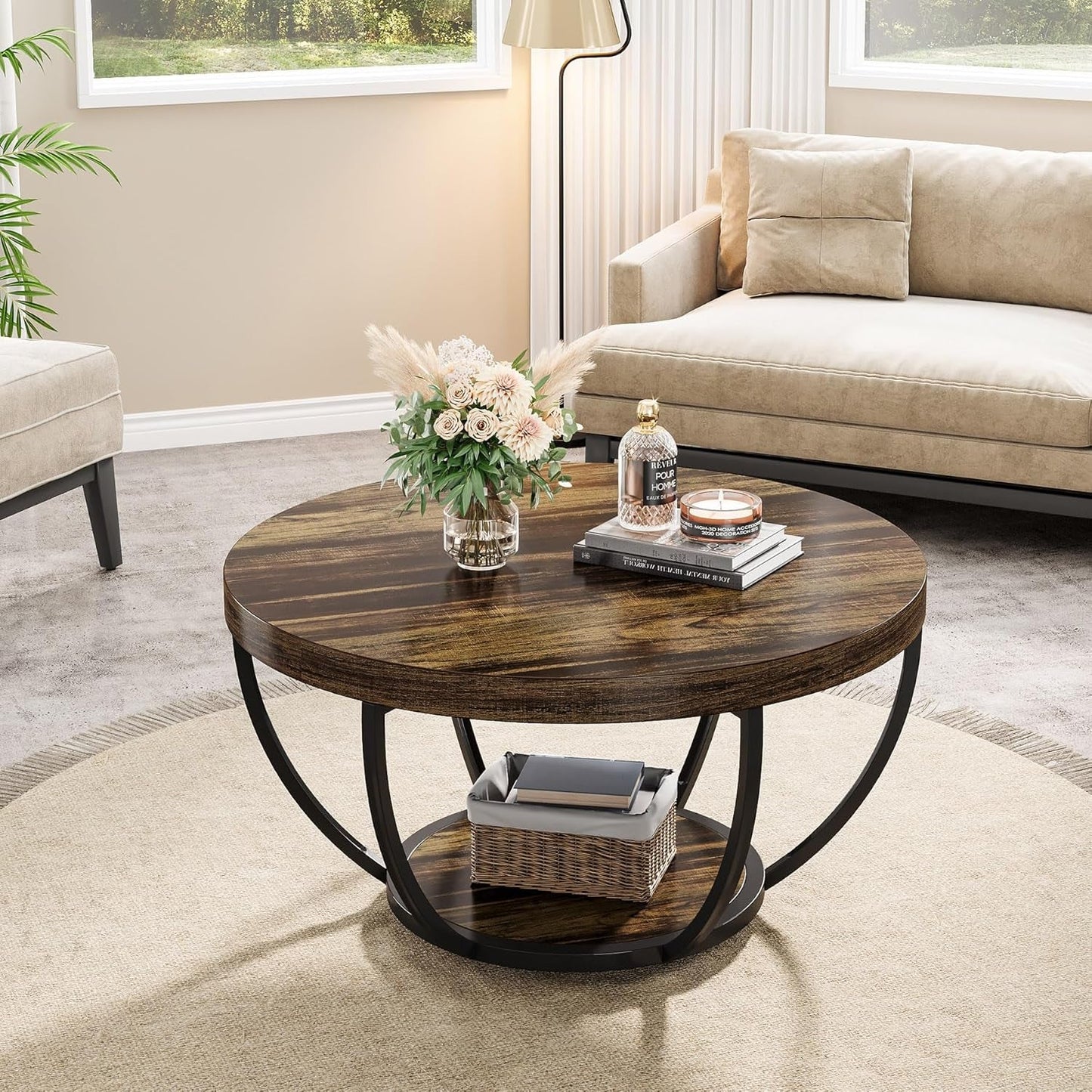 Round Coffee Table 31.7Inches Rustic Brown Storage