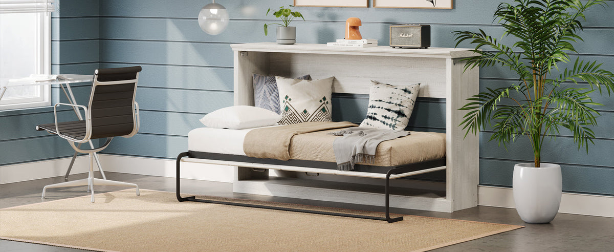 Twin Size Horizontal Murphy Bed in Rustic White