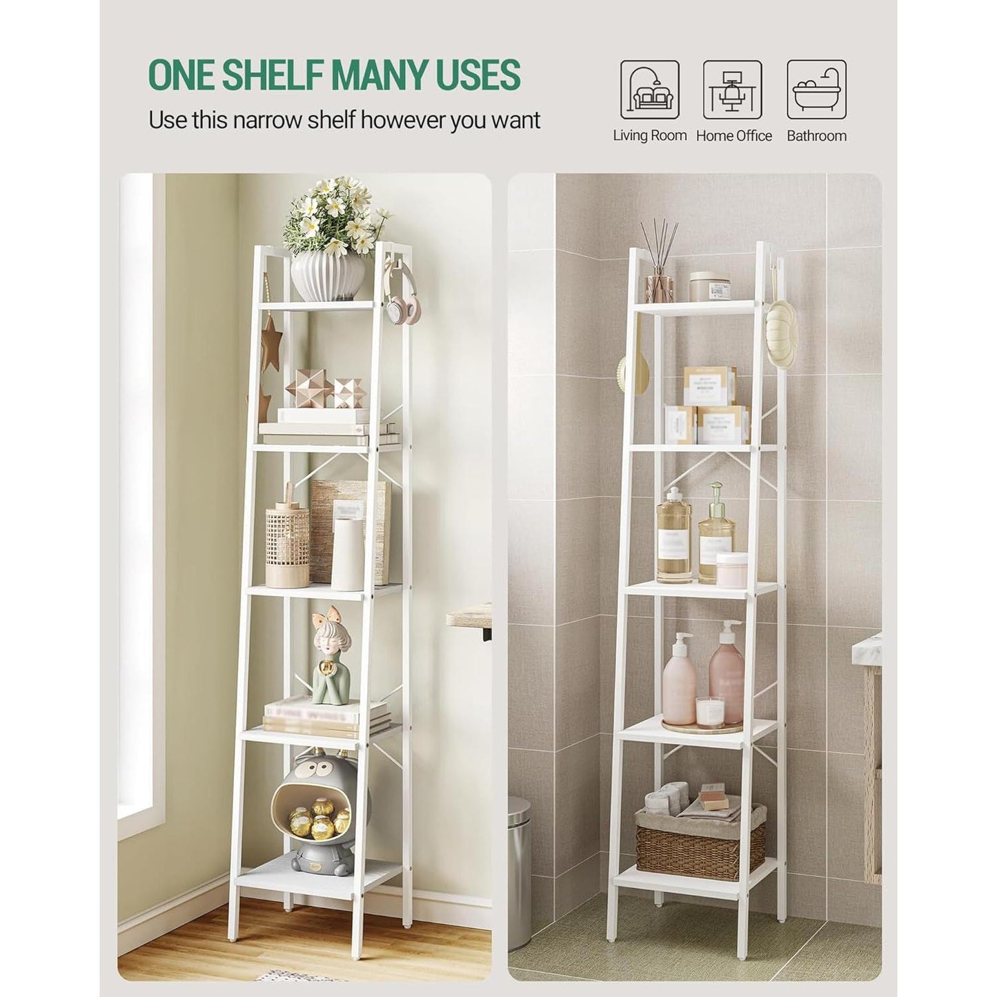 5 Tier White Ladder Shelf Bookcase With Two Hooks For Corner