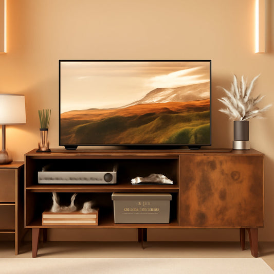 Mid Century TV Stand for 55 Inch TV Brown Wood Entertainment Center With Storage