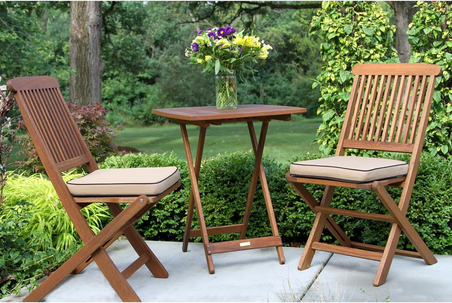 Eucalyptus Wood 3 Piece Foldable Bistro Set Beige Cushions