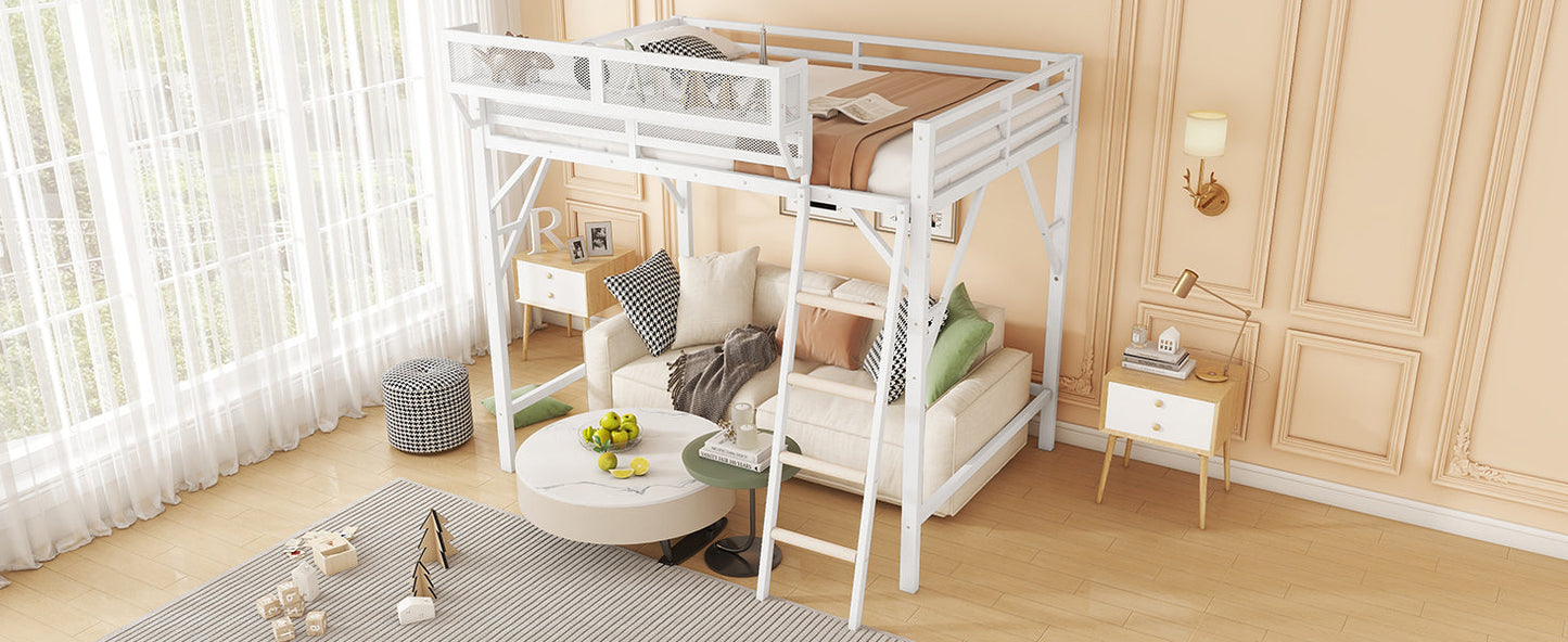 Queen Size Loft Bed with Ladder, Metal Queen Loft Bed with Storage Shelves, High Loft Bed for Kids Teens, White(Expect Arrival Date 2025/12/3  Old SKU W2580P351278)