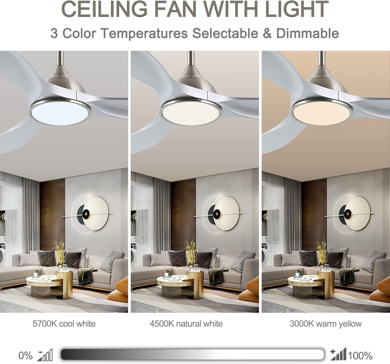 52 Inch Quiet DC Motor Ceiling Fan With LED Lights Remote Control showing three color temperatures selectable and dimmable.