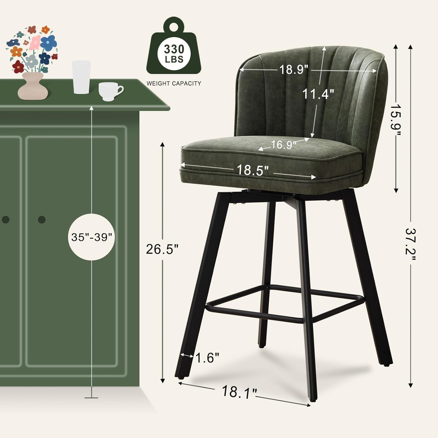Swivel Counter Height Bar Stools Green Faux Leather dimensions and specifications with a stylish kitchen setting.