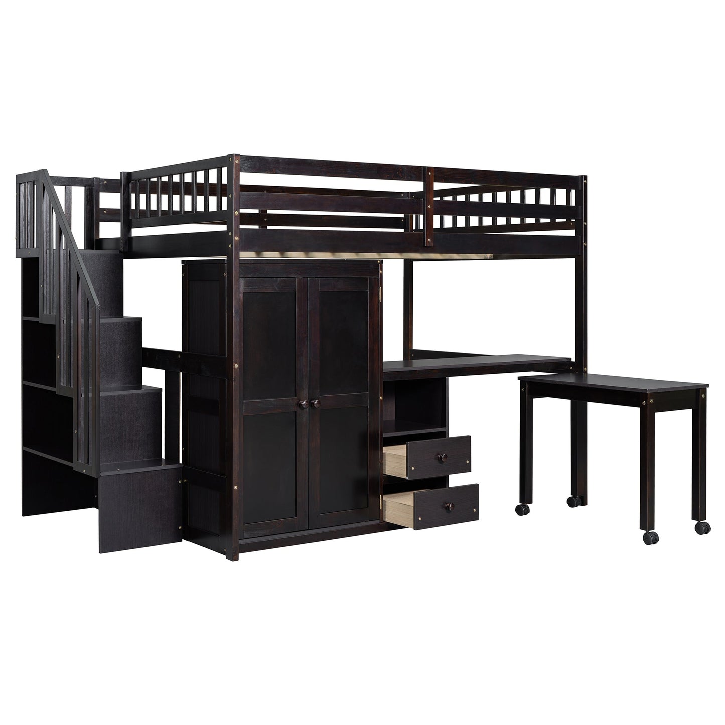 Full Size Loft Bed with Stairs, Bookshelf, Drawers, Desk & Wardrobe – Space-Saving Multifunctional Furniture for Kids & Teens-Espresso