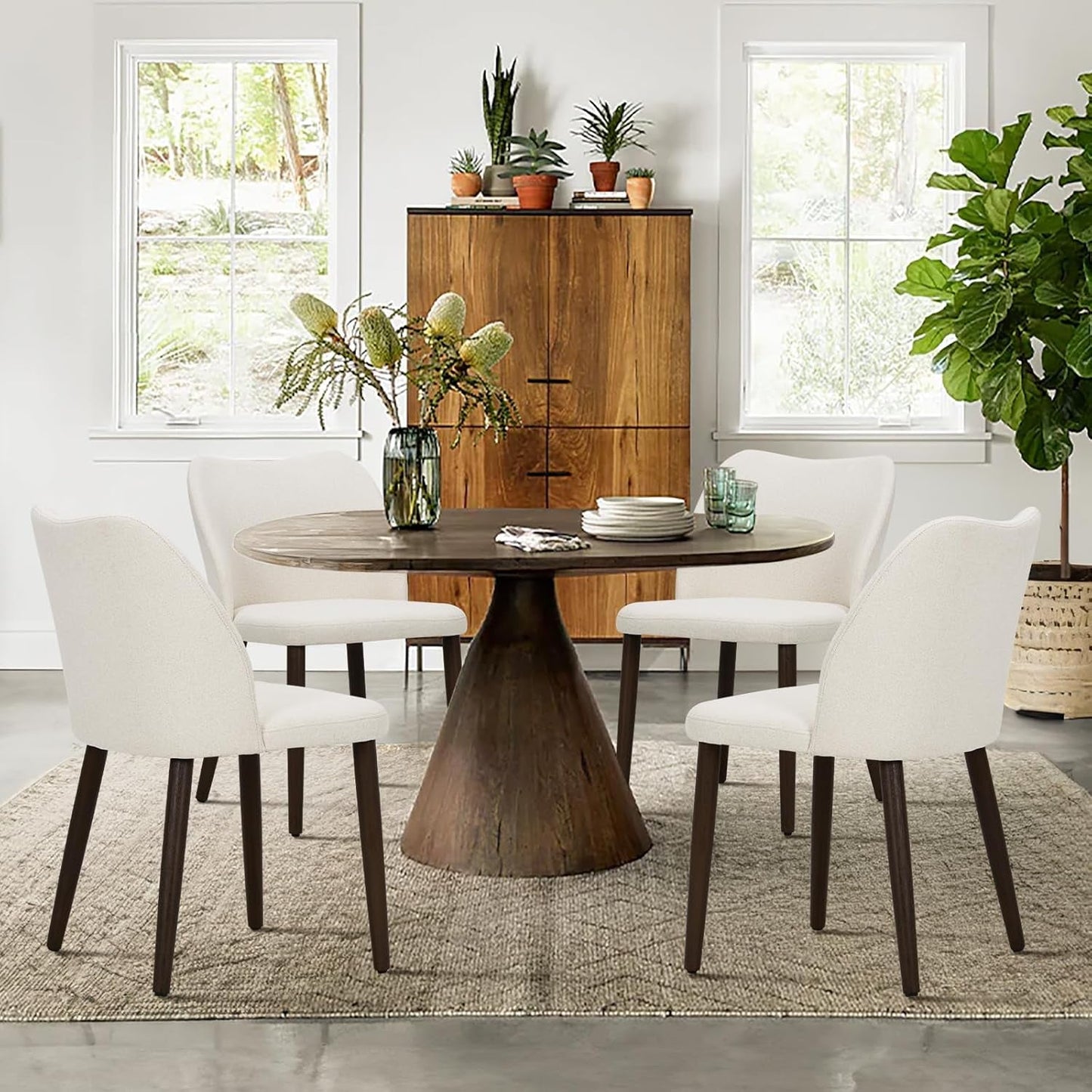 Upholstered Dining Chairs Pair Beige Fabric Wood Legs