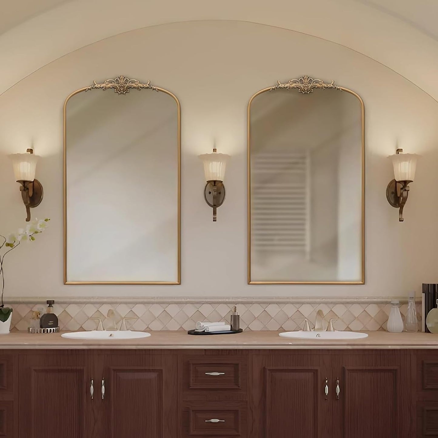 Arched Gold Baroque Mirror 42x24 Inch Wall Mounted