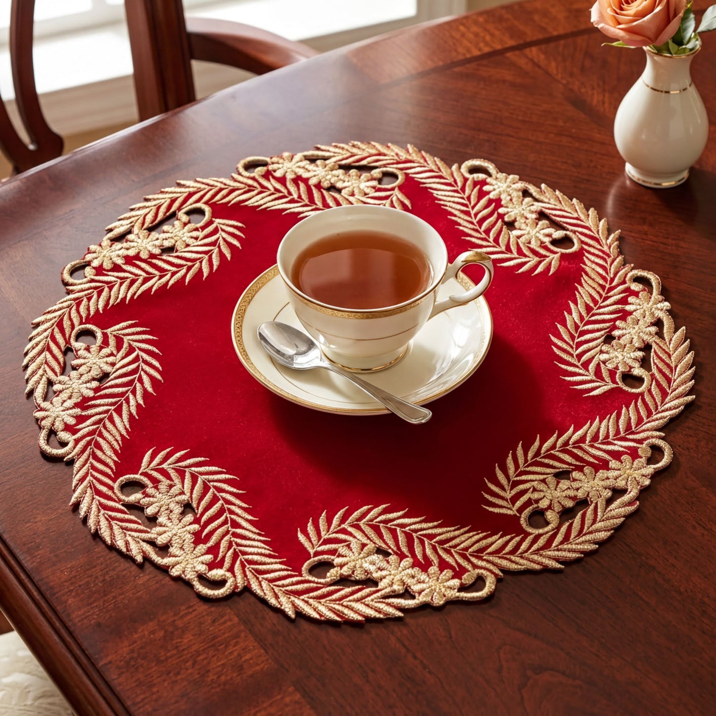 Burgundy Gold Doilies – Rustic Table Doilies | Embroidered Polyester Table Decor 15 Inch