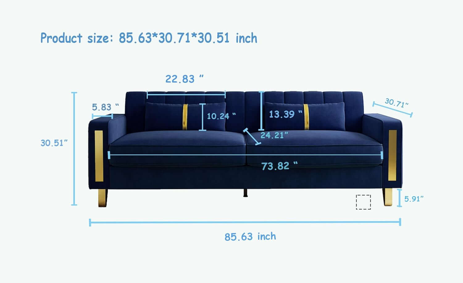 2 Piece Velvet Loveseat Sofa Set dimensions with product size of 85.63x30.71x30.51 inches in blue velvet.