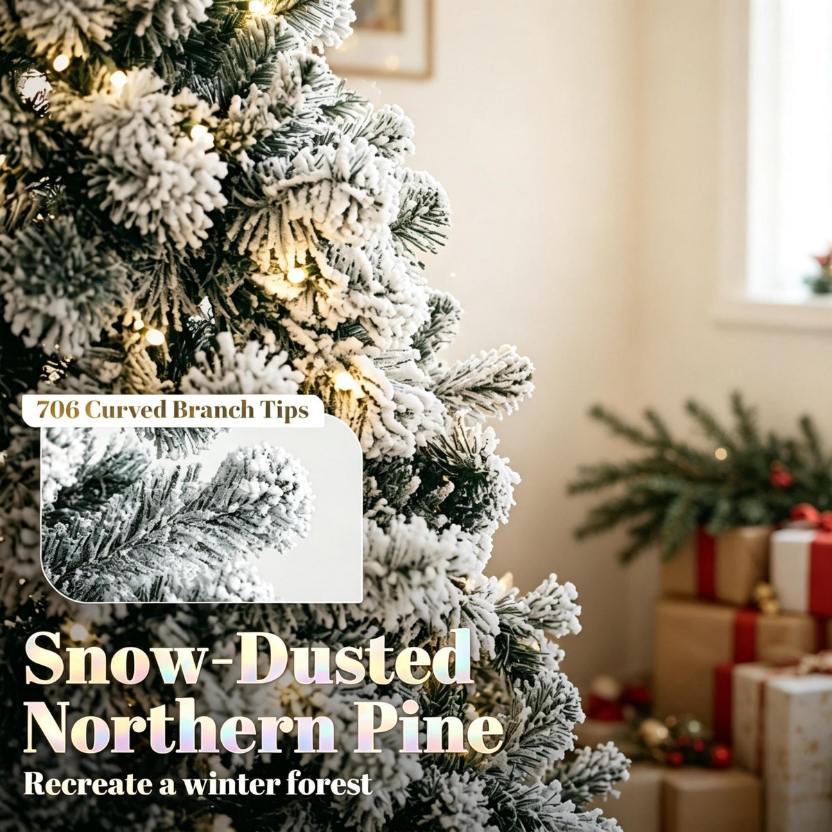 6 ft Pre-Lit Snow-Flocked Northern Pine Artificial Christmas Tree