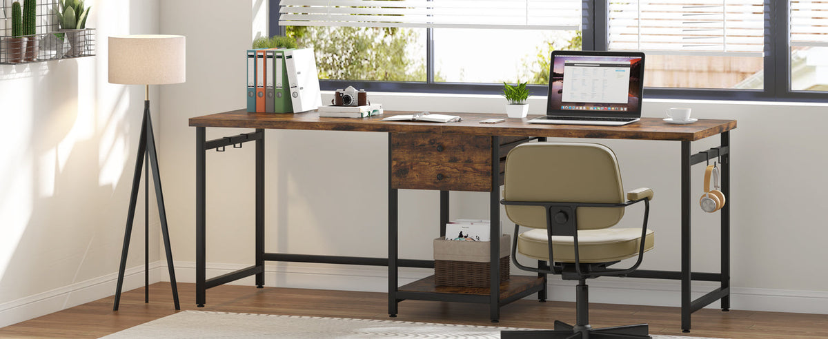79-Inch Two Person Computer Desk with Drawers and Storage Shelves