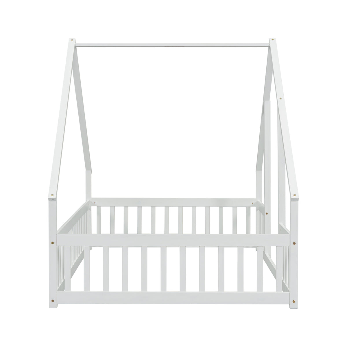 Full Wood House-Shaped Floor Bed with Fence, Guardrails