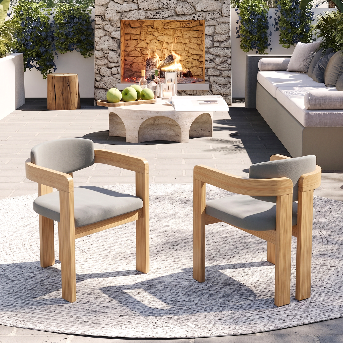 Set of 2 Outdoor Acacia Wood Dining Chairs with Cushions