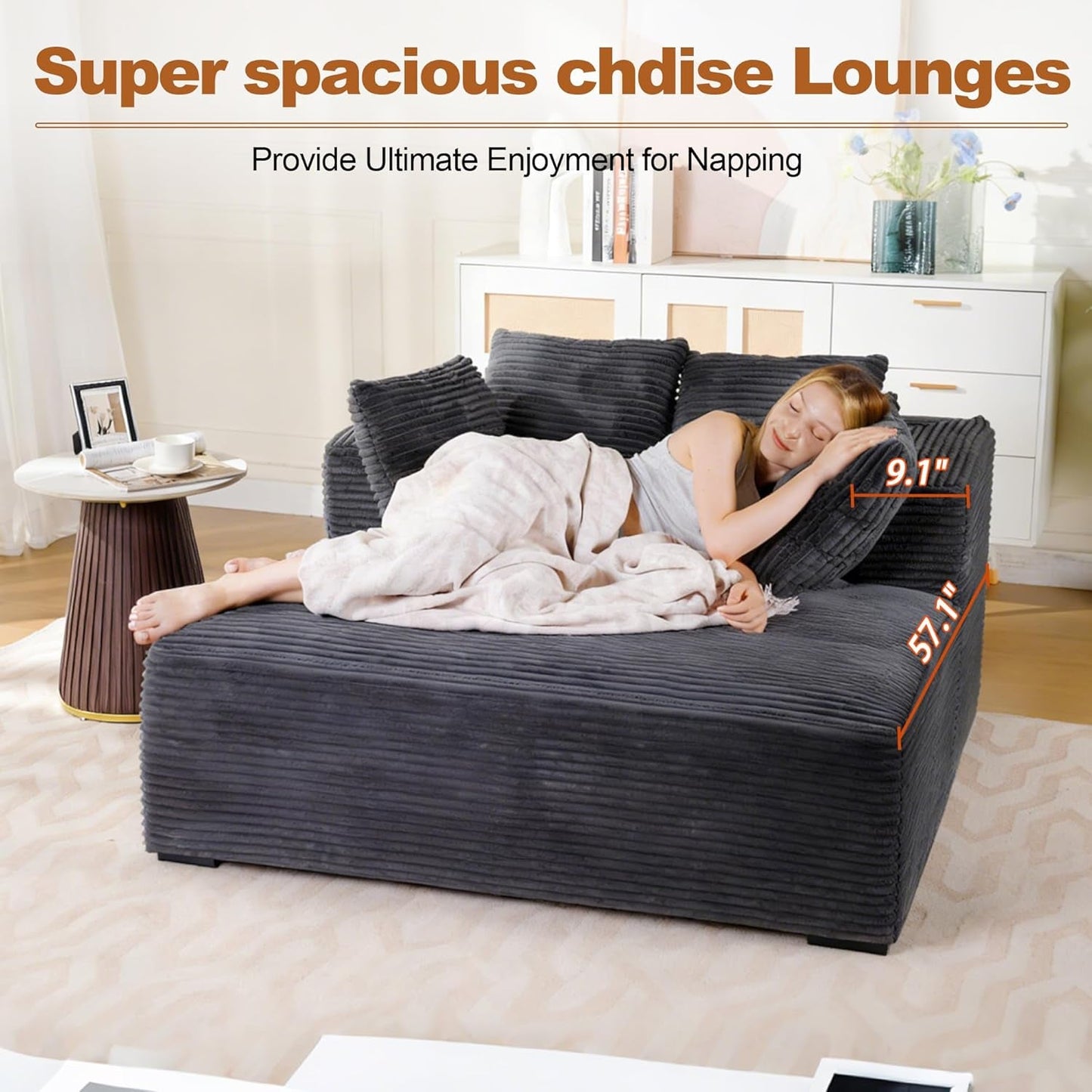 57Inch Luxuriously Plush Corduroy Chaise Lounge Grey