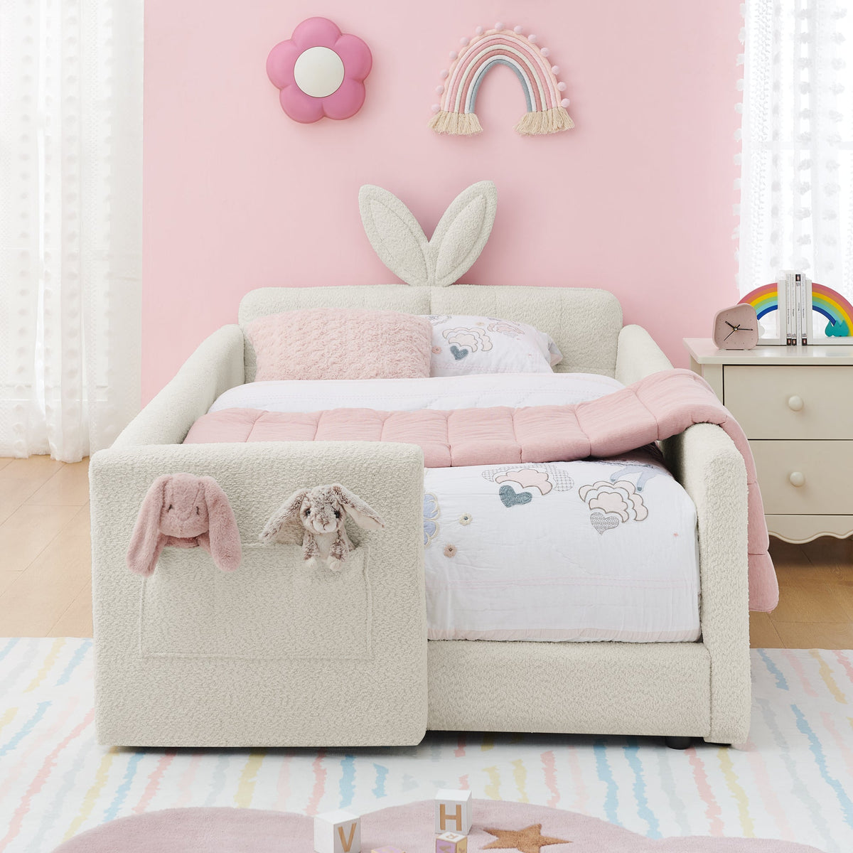 Twin Size Upholstered Platform Bed with Rabbit Ear Headboard