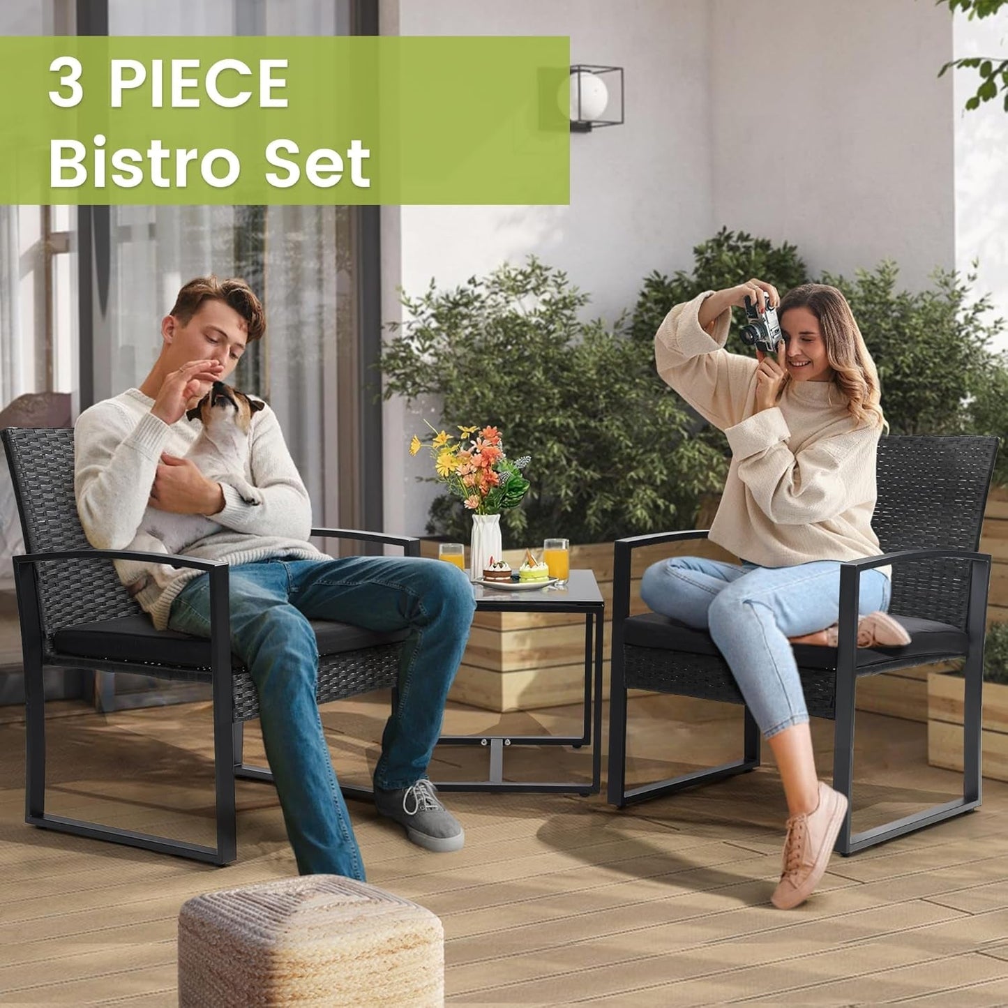 Three Piece Wicker Patio Bistro Set With Coffee Table Black Frame For Balcony Porch And Garden Outdoor