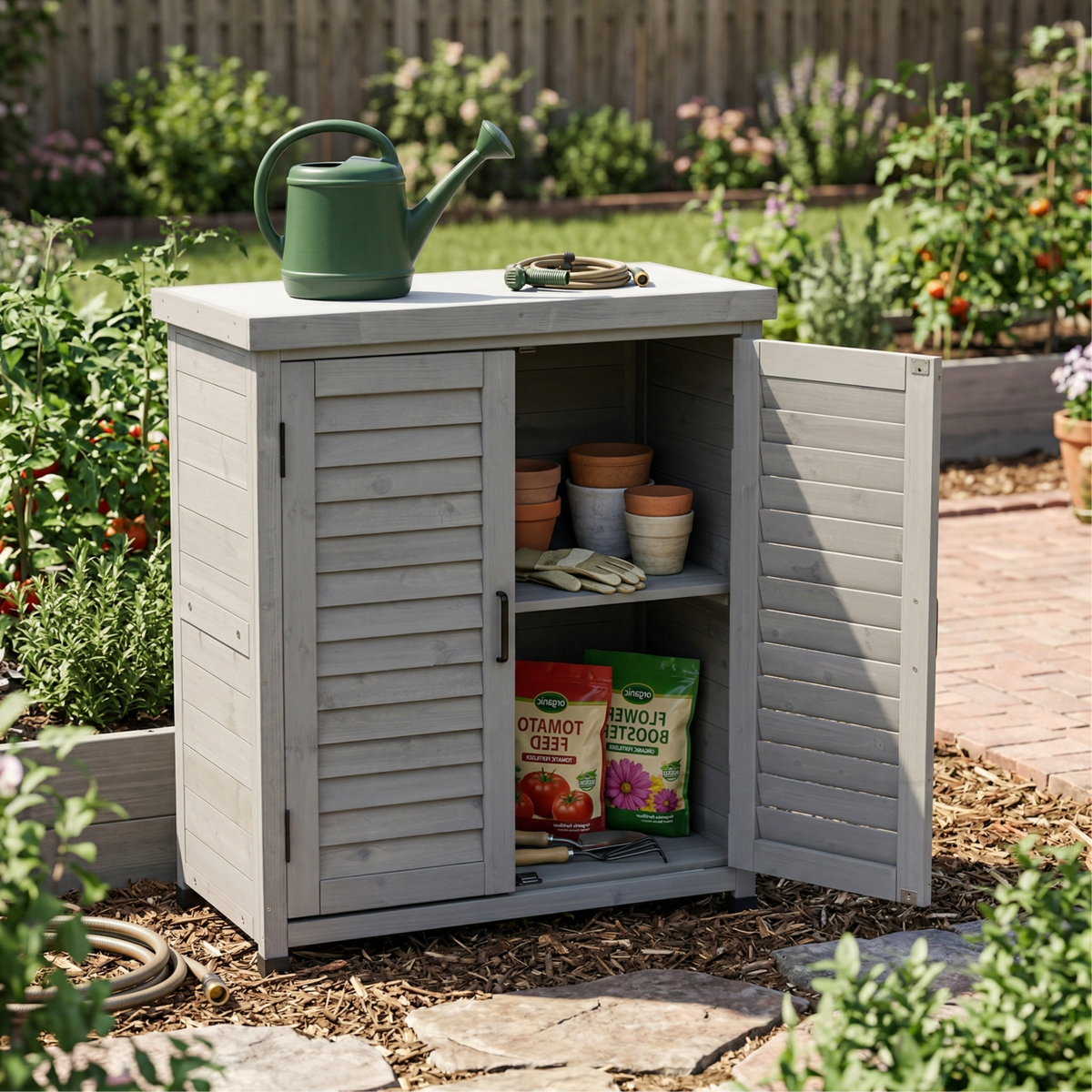 Potting Bench with Storage Cabinet and Metal Table Top