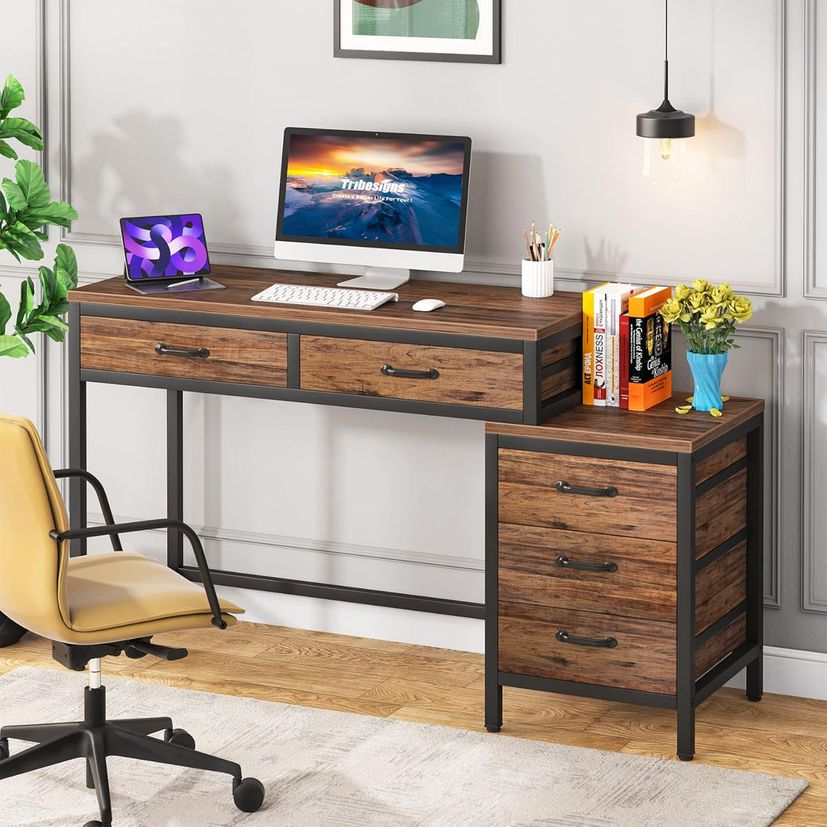 51" Reversible Computer Desk with 5 Drawers and File Cabinet