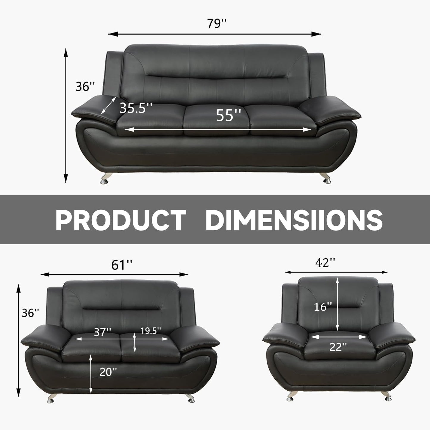 Faux Leather 3 Piece Modern Living Room Sofa Set Black