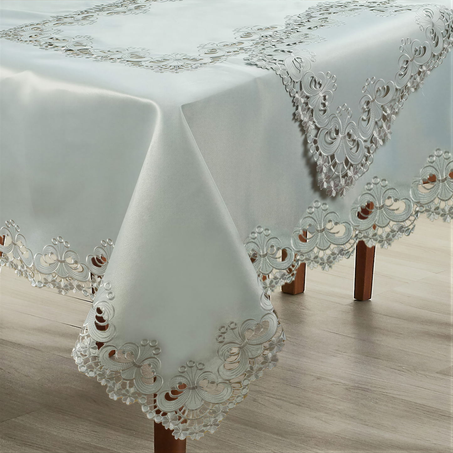 European Embroidered Table Topper - Rustic Gray Polyester Fabric Tablecloth