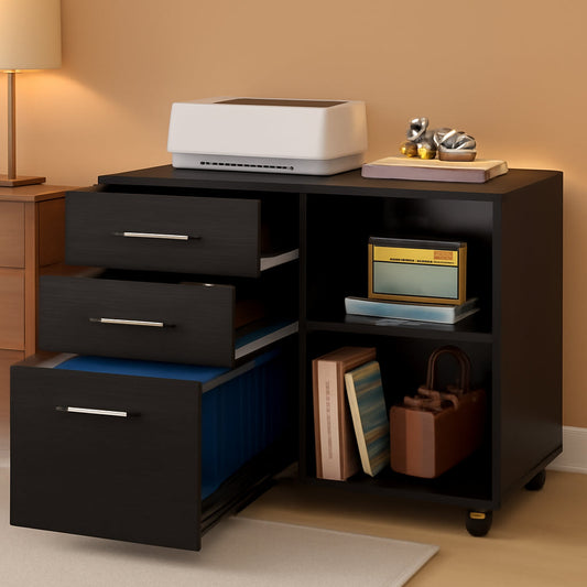 Black 3 Drawer Mobile File Cabinet And Printer Stand With Open Shelves Wood Lateral Filing Cabinet For Home Office