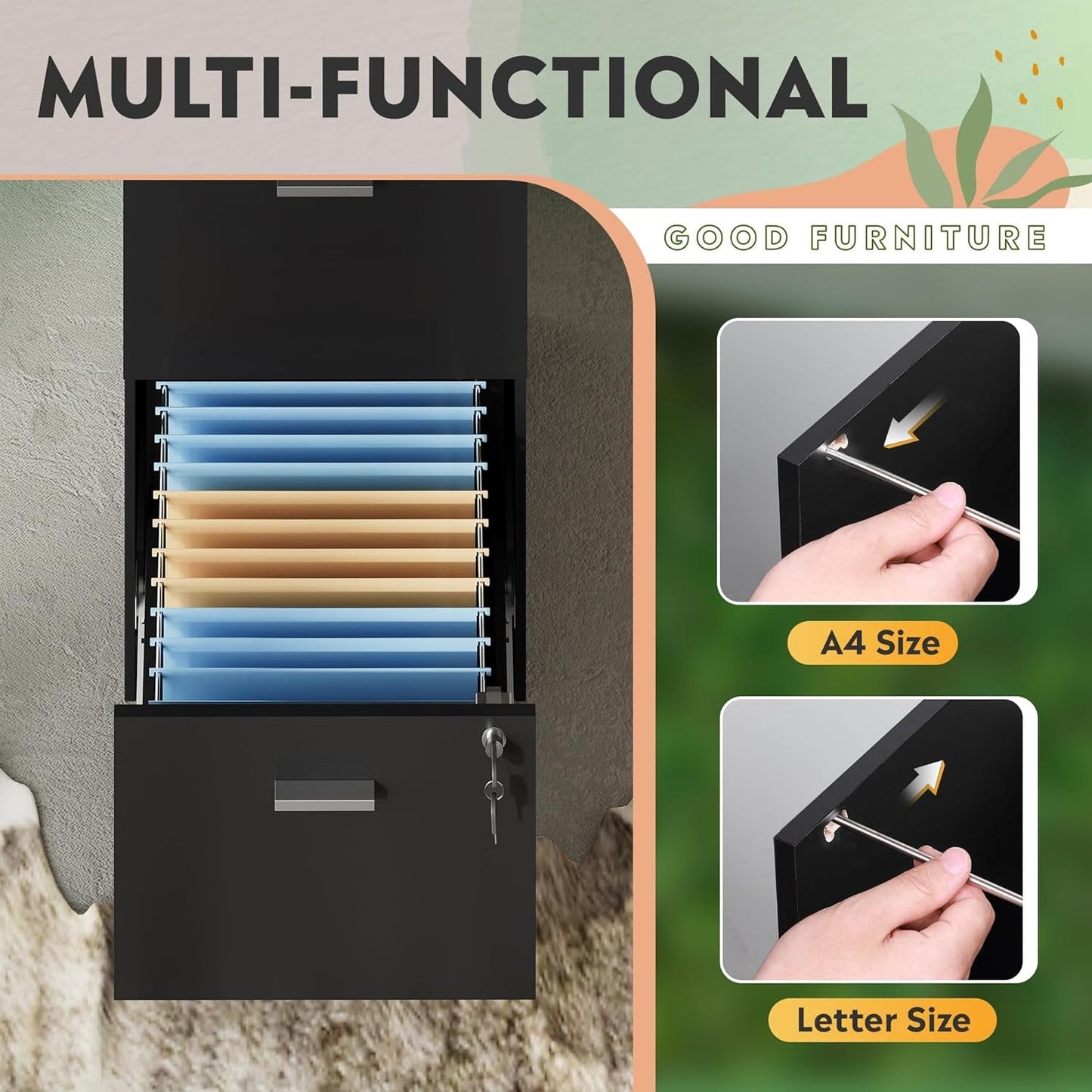 4 Drawer Locking File Cabinet For A4 And Letter Files Black Wood