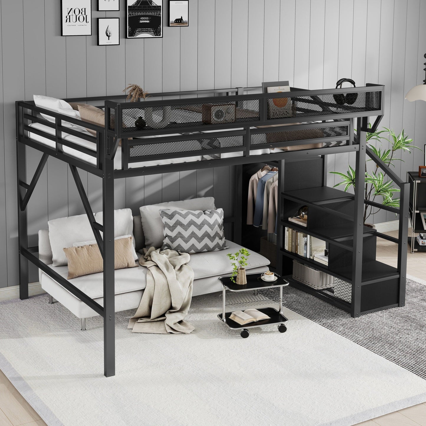 Queen Size Loft Bed with Stairs, Metal Loft Bed with Storage Shelves